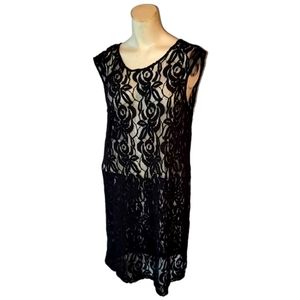 DAISY FUENTES Onyx Black Lace Slip Dress Cover Up Botanical Floral Roses Sheer